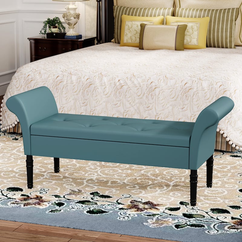 Storage Ottoman Bench with Arms Upholstered Tufted Storage Bench for Bedroom Entryway Bench Footstool with Large Storage - Blue-green