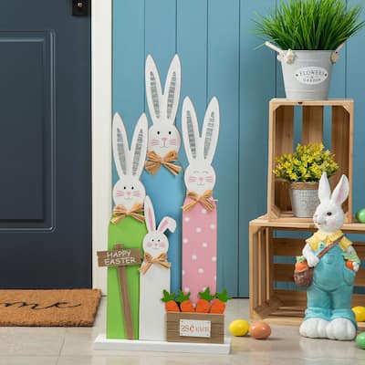 Glitzhome 30"H Easter Wooden Bunny Family Standing Porch Sign Decor with Wreath