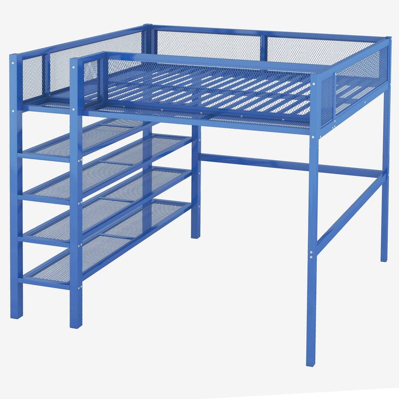 Twin/Full Metal Loft Bed with Built-in Desk, Shelves, and Storage, Modern Design