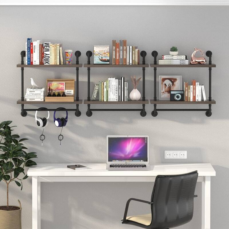 Industrial Pipe Floating Bathroom Shelves Wall Mounted with Towel bar - 7.8"D x 15.7"W x 25.6"H