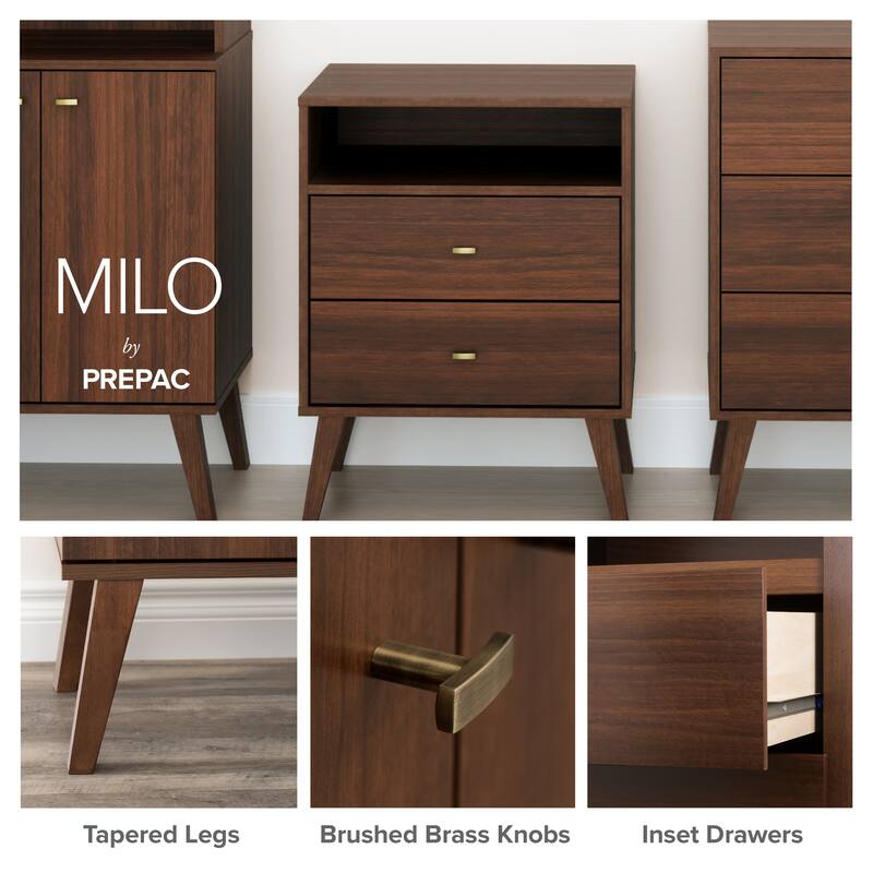 Prepac Milo Mid-Century Modern 2 Drawer Nightstand, Bedside Table, Contemporary Bedroom Furniture