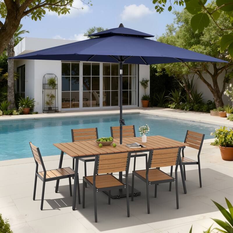 9-Piece Outdoor Patio Dining Set Aluminum Table and 8 Stackable Chairs w/ 10 FT Umbrella with Base - Brown Table with Navy Blue Umbrella