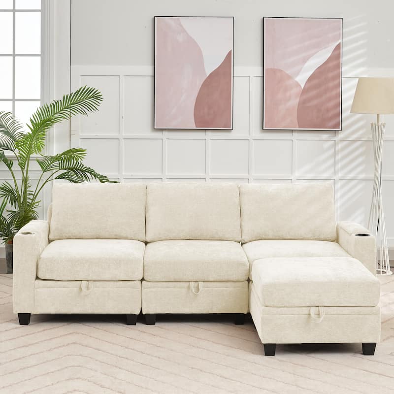 Chenille Storage Sofa, 3 Seats with a Removable Ottoman - Off White - Reversible