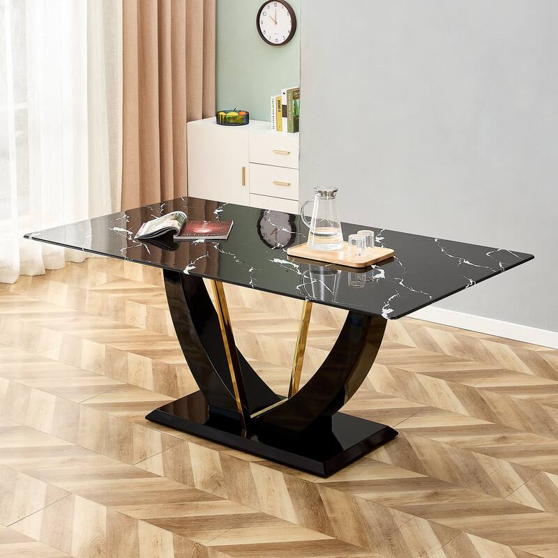 Modern minimalist and luxurious black imitation marble texture dining table rectangular office desk. Game desk
