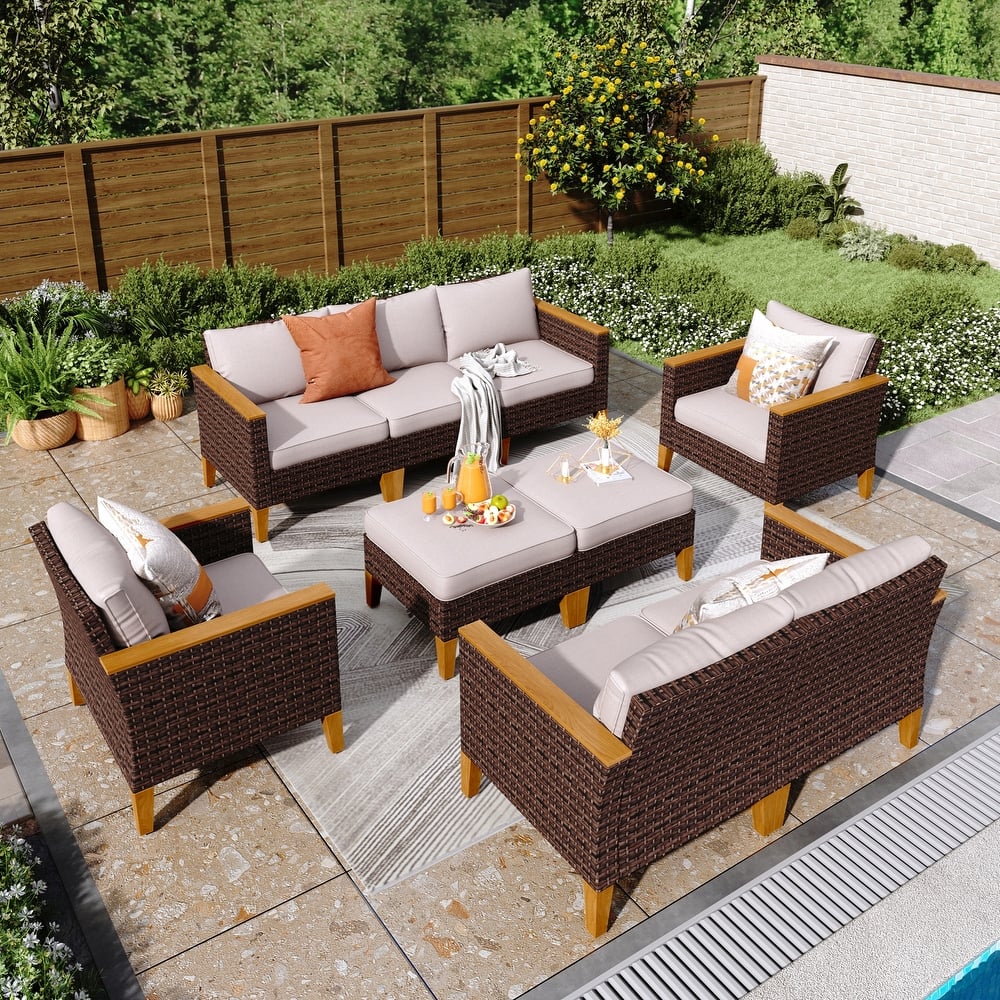 9-Piece Outdoor Wicker Sectional Sofa Patio Furniture Luxury Conversation Set, Beige Cushion