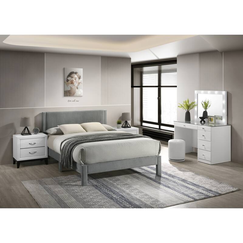Contemporary Plush Upholstered Full Bed with Ribbed Headboard, Low-profile Frame, Light Gray