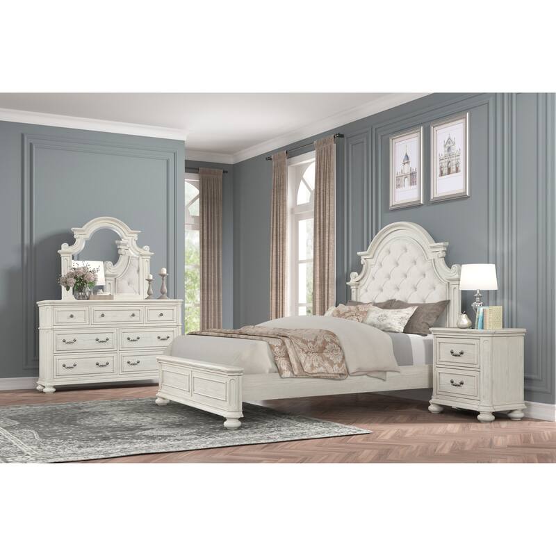 Roundhill Furniture Nelson French Traditional 4-Piece Bedroom Set, Antique White - Queen