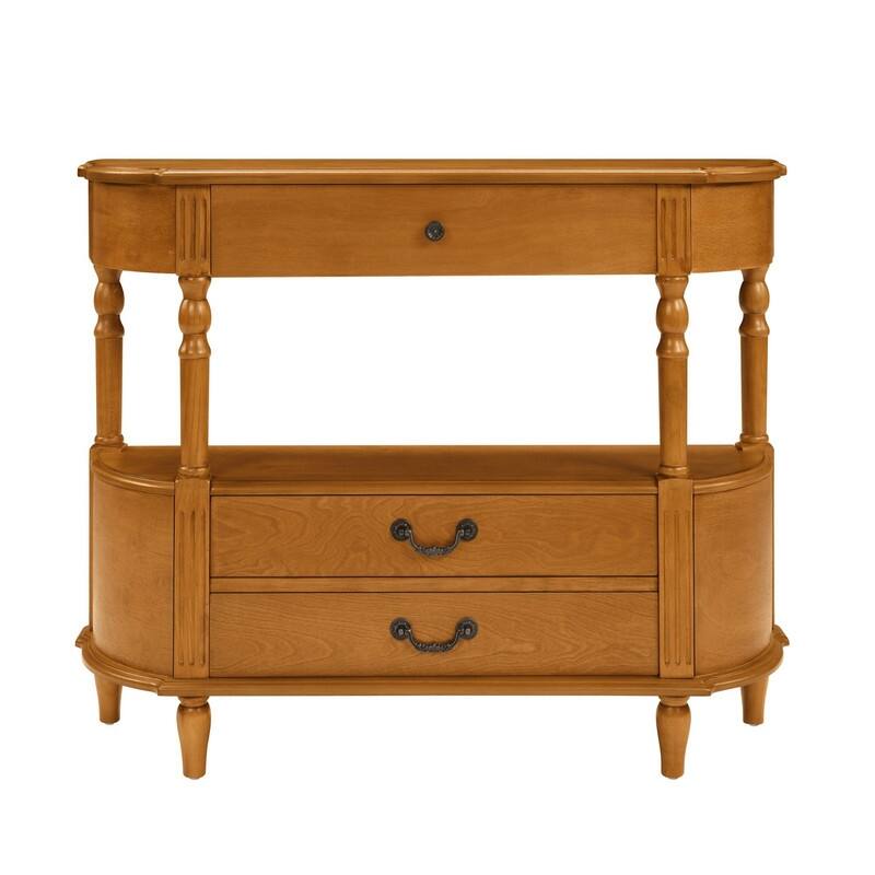 Retro 43" Curved Wood Console Table with 3 Drawers and Open Shelf, Sofa Table Behind Couch for Living Room and Hallway Storage