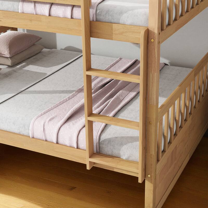Full Over Full Rubber Wood Bunk Bed with Trundle, Convertible into Two Full Beds, Ladder and Guardrails Included