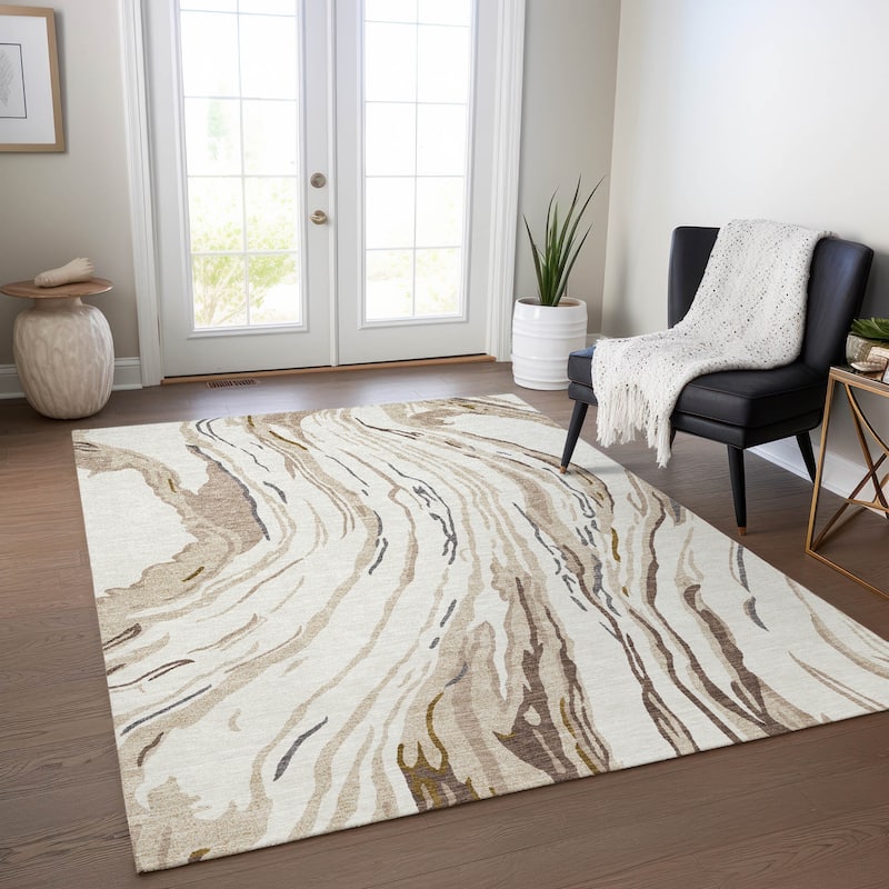 Machine Washable Indoor/ Outdoor Modern Wave Chantille Rug - Ivory - 10' x 14'
