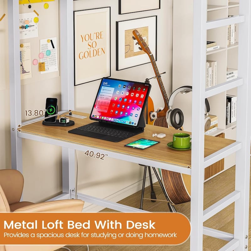 Loft Bed with Desk Gaming Bunk Bed LED Lights Charging Station