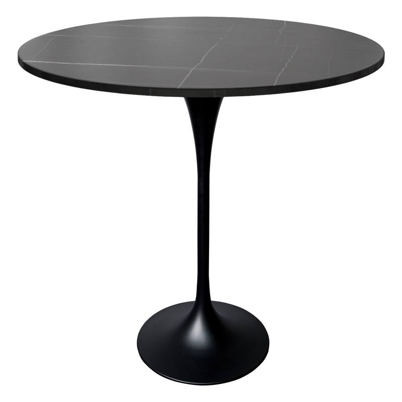 LeisureMod Verve 48" Round Dining Table with Sintered Stone TableTop and Black Steel Base for Kitchen & Dining Room - Black Marbleized