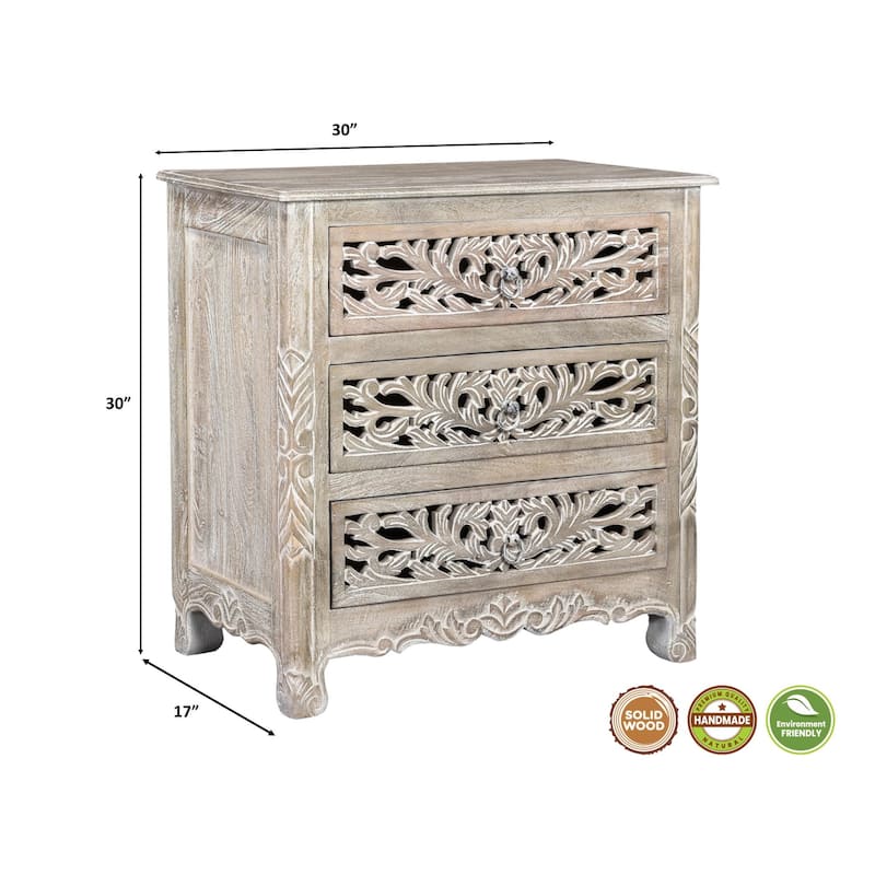 Florence Floral Carved Wood 3-Drawer Nightstand