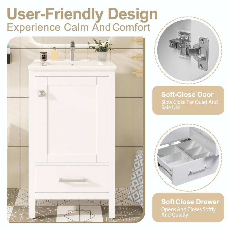 Modern Bathroom Vanity with Ceramic Sink - Soft-Close Drawers, Door Organizer, Divider Drawer
