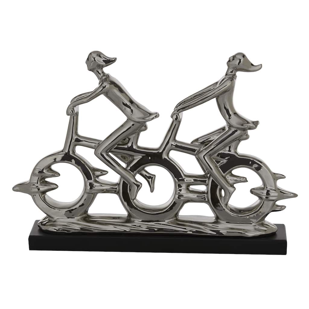 Porcelain Ceramic People Decorative Sculpture with Bike - Silver - Roche River Decor