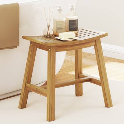 Gymax Shower Bench Teak Wood Shower Stool w/ Curved Seat Waterproof