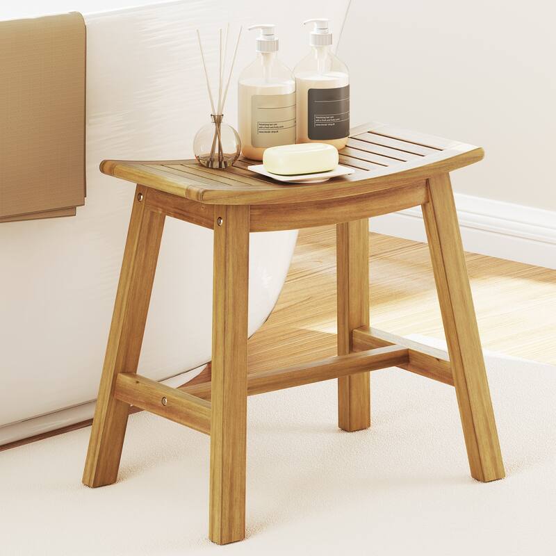 Gymax Shower Bench Teak Wood Shower Stool w/ Curved Seat Waterproof - Brown - Natural Finish