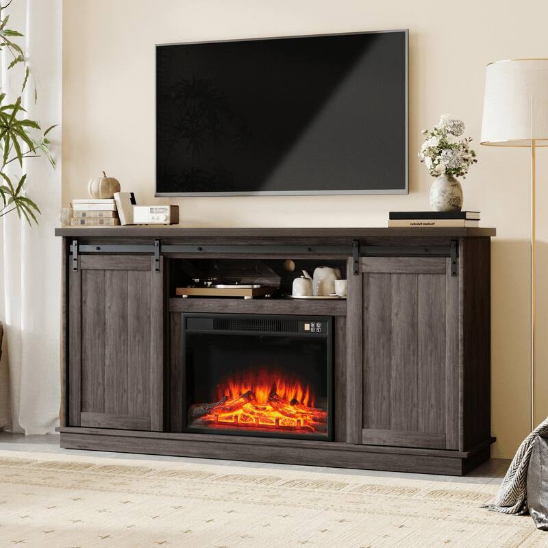 63" Farmhouse Fireplace TV Stand with Sliding Barn Door, Accommodates TVs Up to 65", Featuring Storage and Adjustable Shelves - Teak