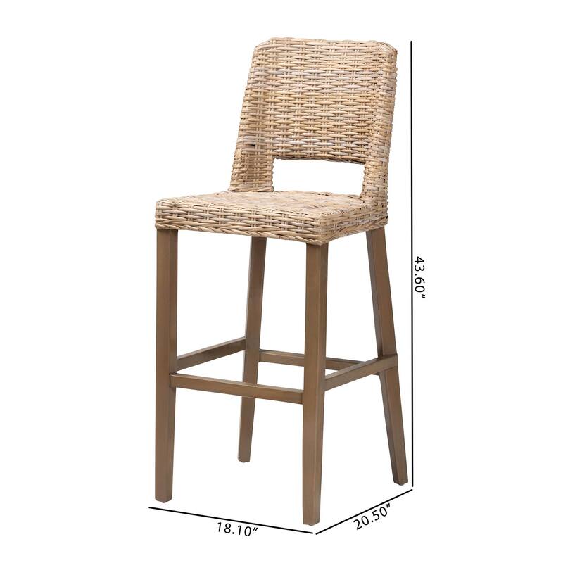 Magy Modern Bohemian Grey Kubu Rattan and Mahogany Wood Bar Stool