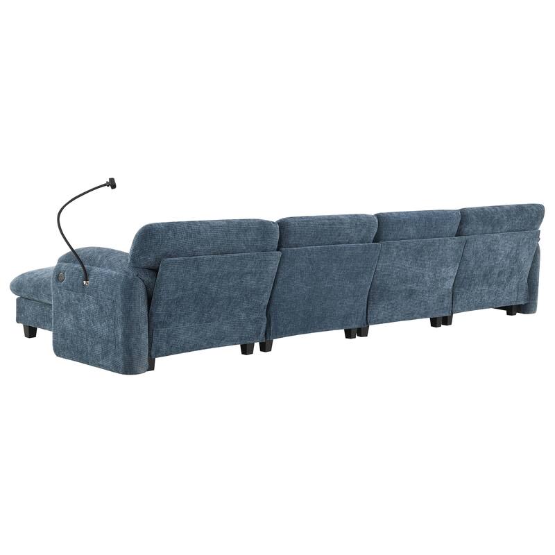 Striped Chenille Modular Sectional Sofa Set with Movable Ottoman, Phone Holder, Dual-Port Charging, 2 Side Storage Pockets