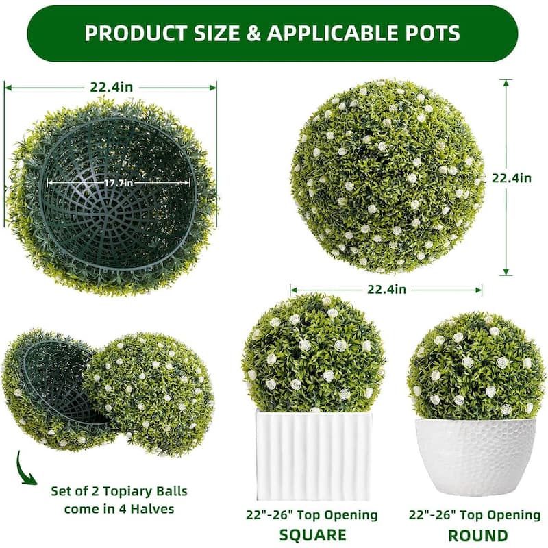 2 Pack 22.4" Artificial Flowers Topiary Balls for Home Decor, Wedding - 22.4 inch