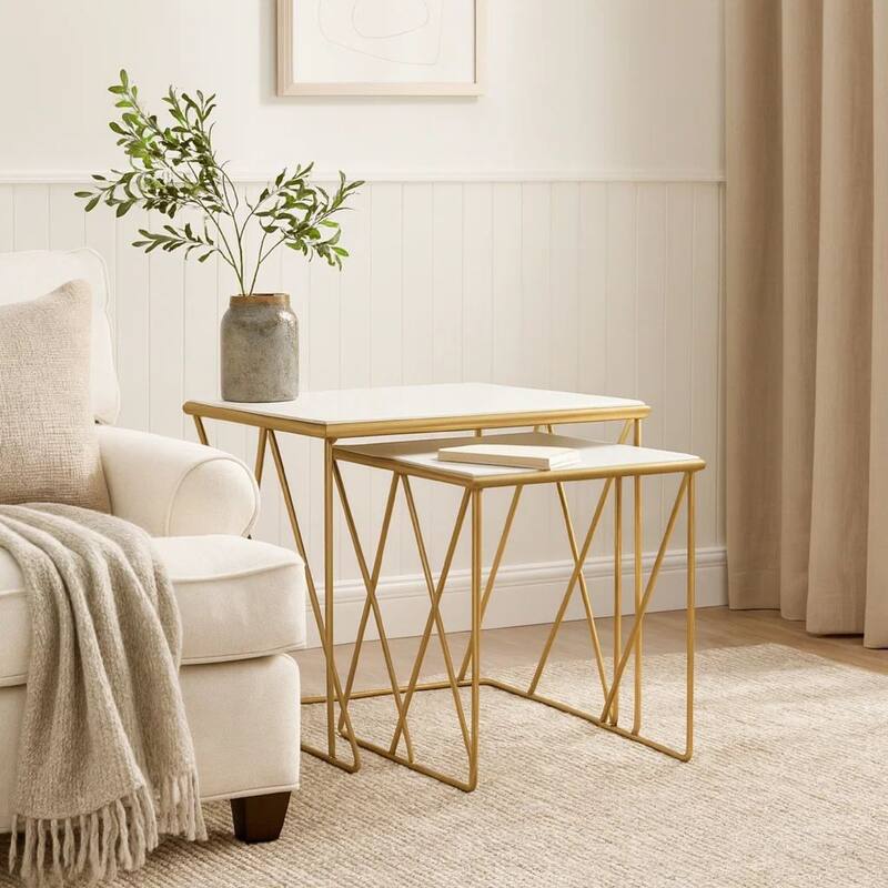2 Piece Marble Top Nesting Table with Geometric Base, White and Gold