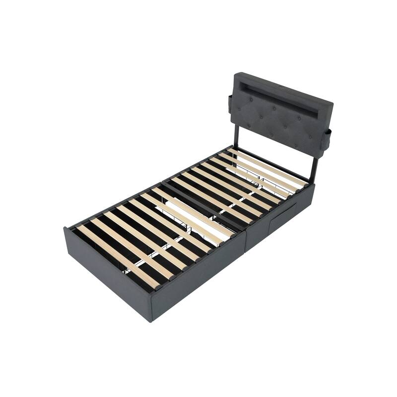 Dark Grey Twin Size Platform Bed with 4 Storage Drawers,USB Charging Station and LED Lights