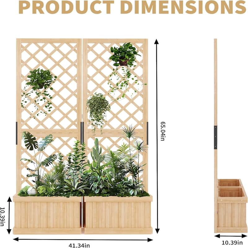 2-Panel Outdoor Privacy Screen with Planter Box and Trellis 41x10x65Inch Freestanding Garden Divider with Drain Holes