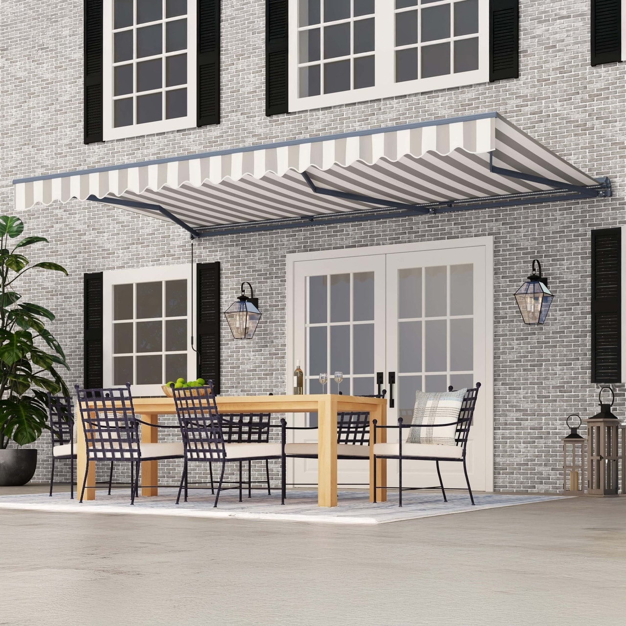 ALEKO Moroccan Semi-Cassette Motorized Patio Awning - Seagull Gray & White Striped - 16 x 10 Feet - 16 x 10 feet