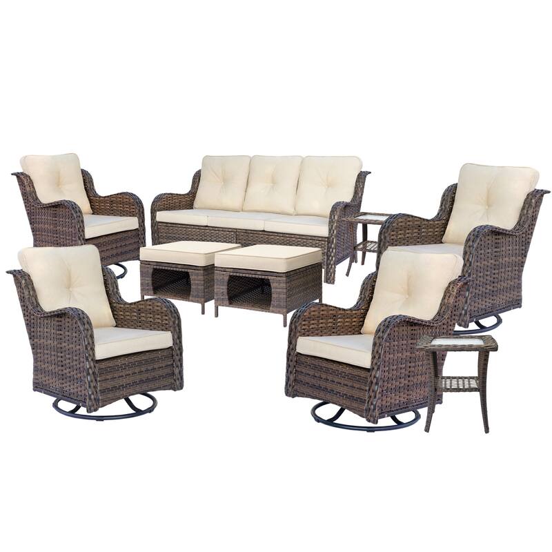 9 Pieces Outdoor Patio Furniture Set Wicker Swivel Chair with Ottoman