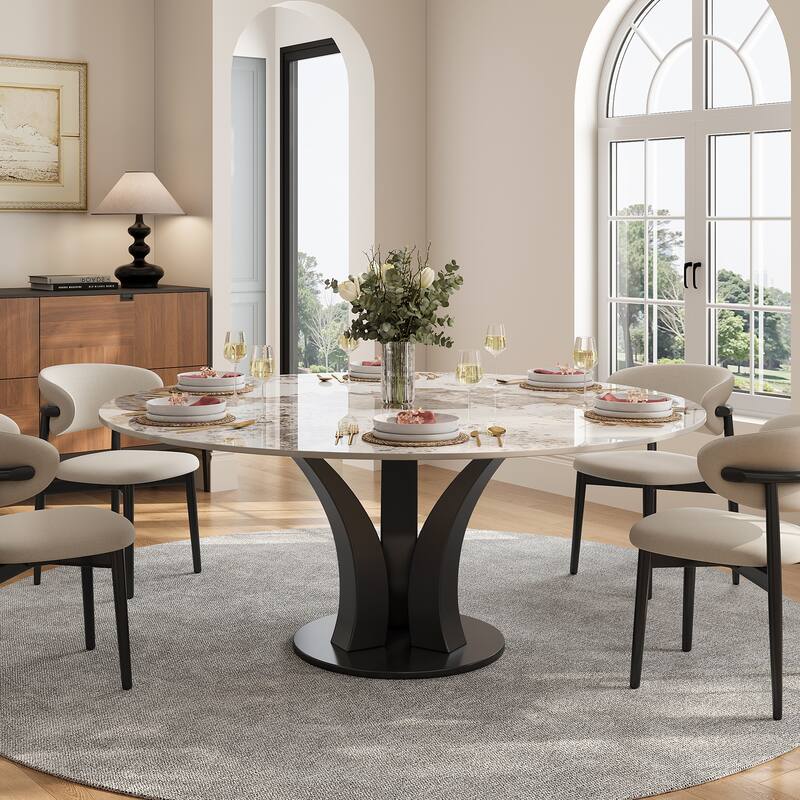 59" Round Sintered Stone Dining Table for 6-8, Glossy Pandora Table top - 59" - White