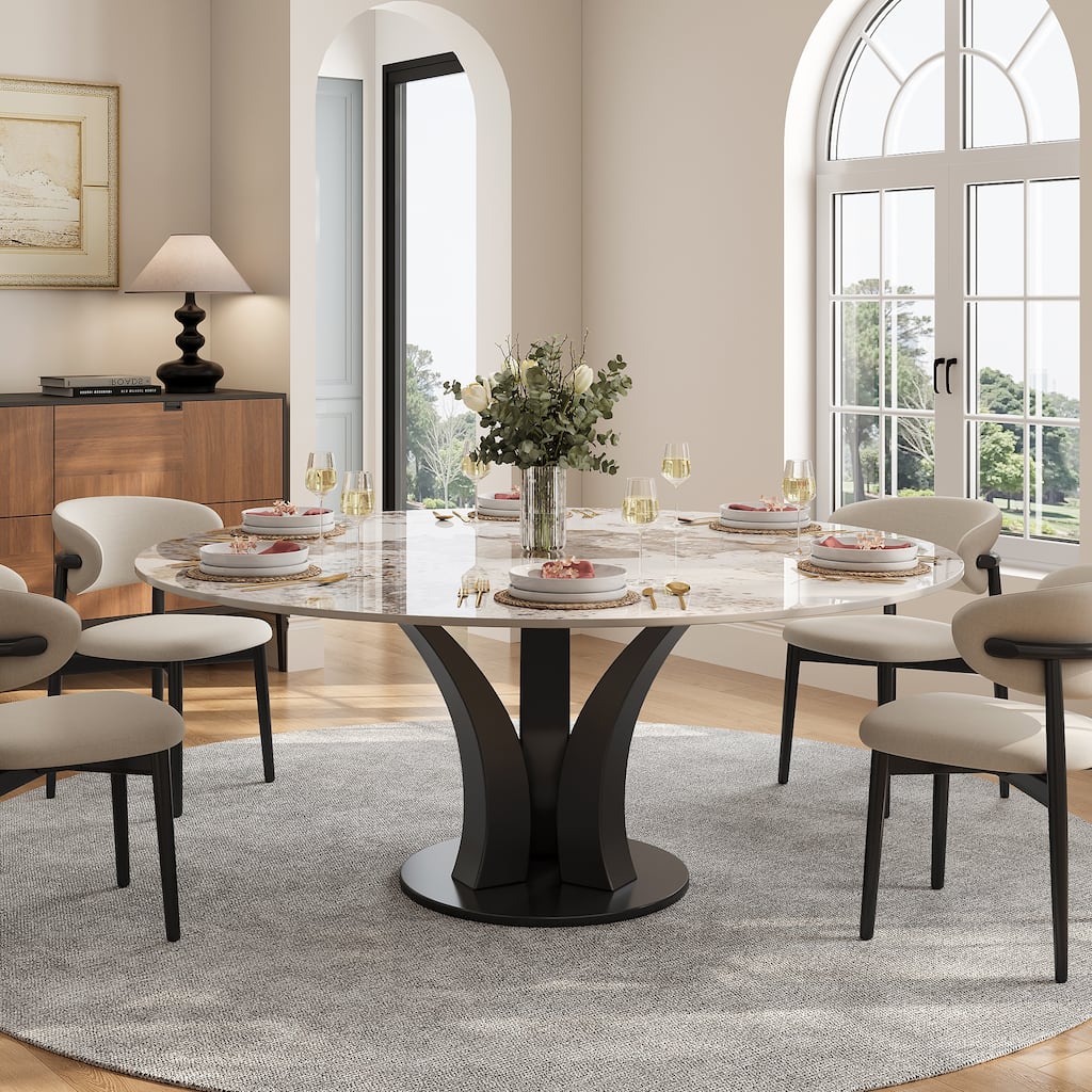 59" Round Sintered Stone Dining Table for 6-8, Glossy Pandora Table top