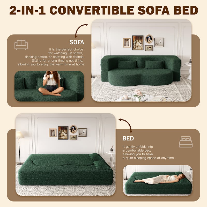Convertible Floor Sofa with Teddy Fabric, Twin Mattress & No Assembly