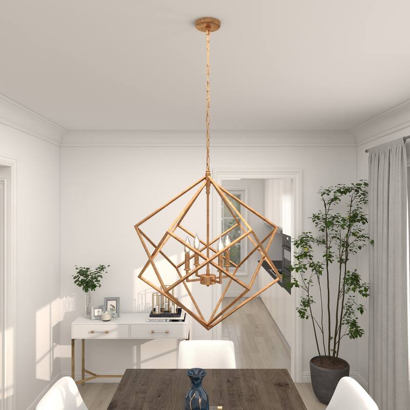 Metal Caged 4 Light Room Chandelier with Link Style Chain - Gold - Roche River Decor