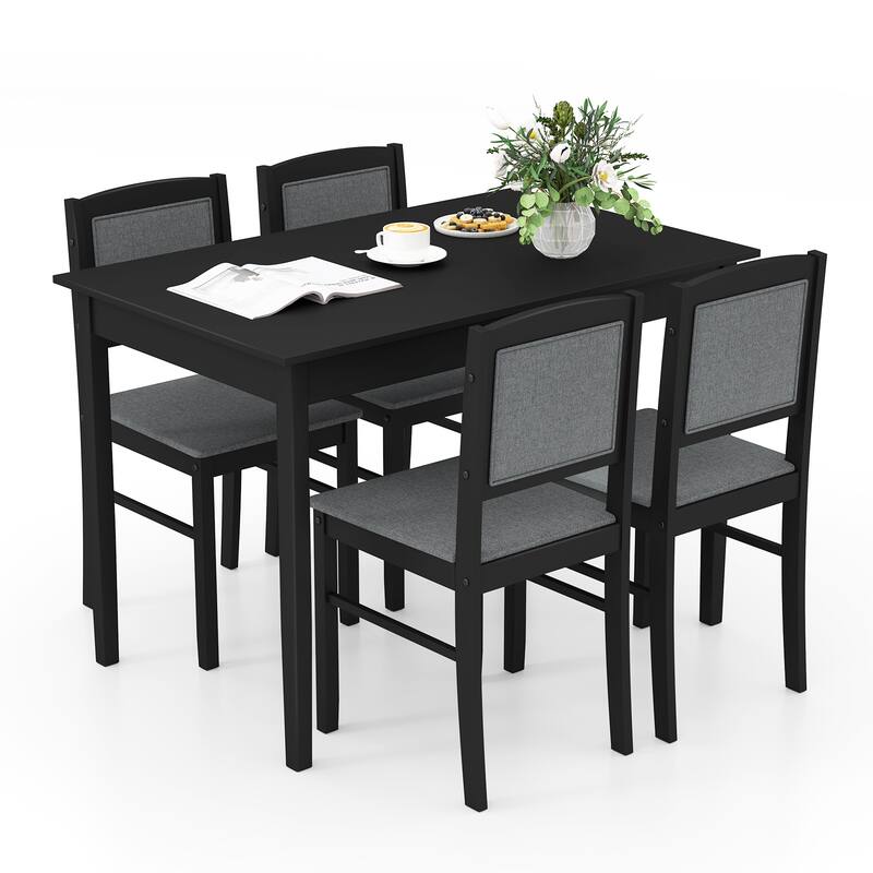 Gymax 5 PCS Dining Table Set for 4 w/Rubber Wood Legs Upholstered Seat - Grey