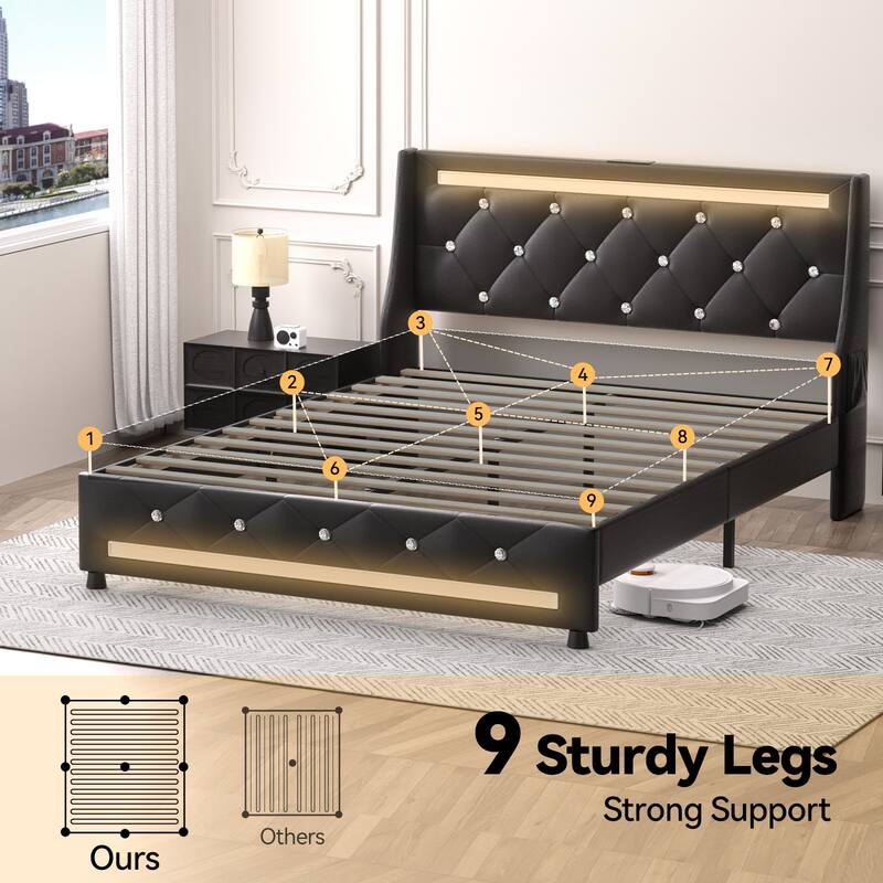 Full Size Upholstered Platform Bed Frame with Headboard, LED Lights, Charging Station, and Storage