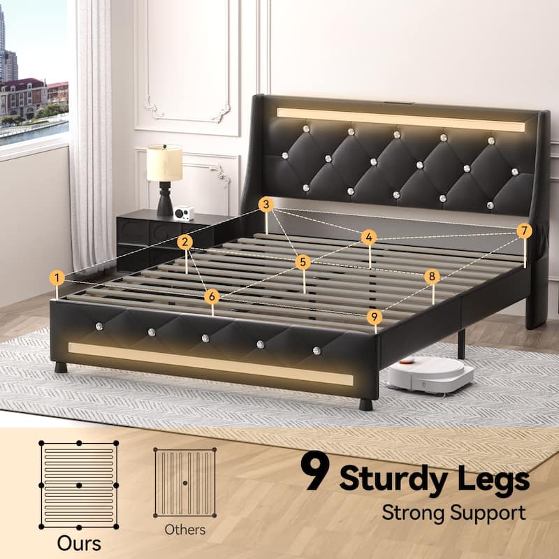 Queen Bed Frame with Headboard,Upholstered Platform Bed Frame Full Size with Charging Station & LED Lights,Wooden Slats Support