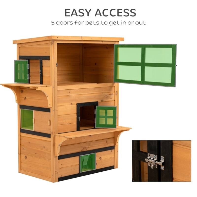 Outdoor Cat House with 5 Easy Access Doors, Escape Door, Jump Platform & Weather-Resistant Roof - 36.75" L x 26.5" W x 46" H