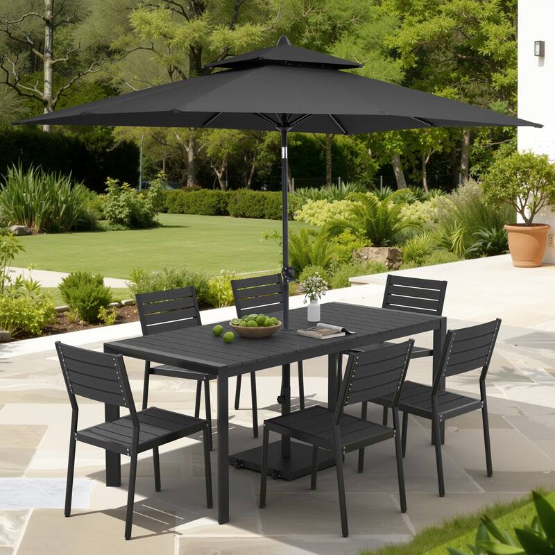 9/11-Piece Outdoor Dining Set Aluminum Table and Stackable Chairs w/10 ft Umbrella and Base - Set of 9 - Black Table with Black Umbrella