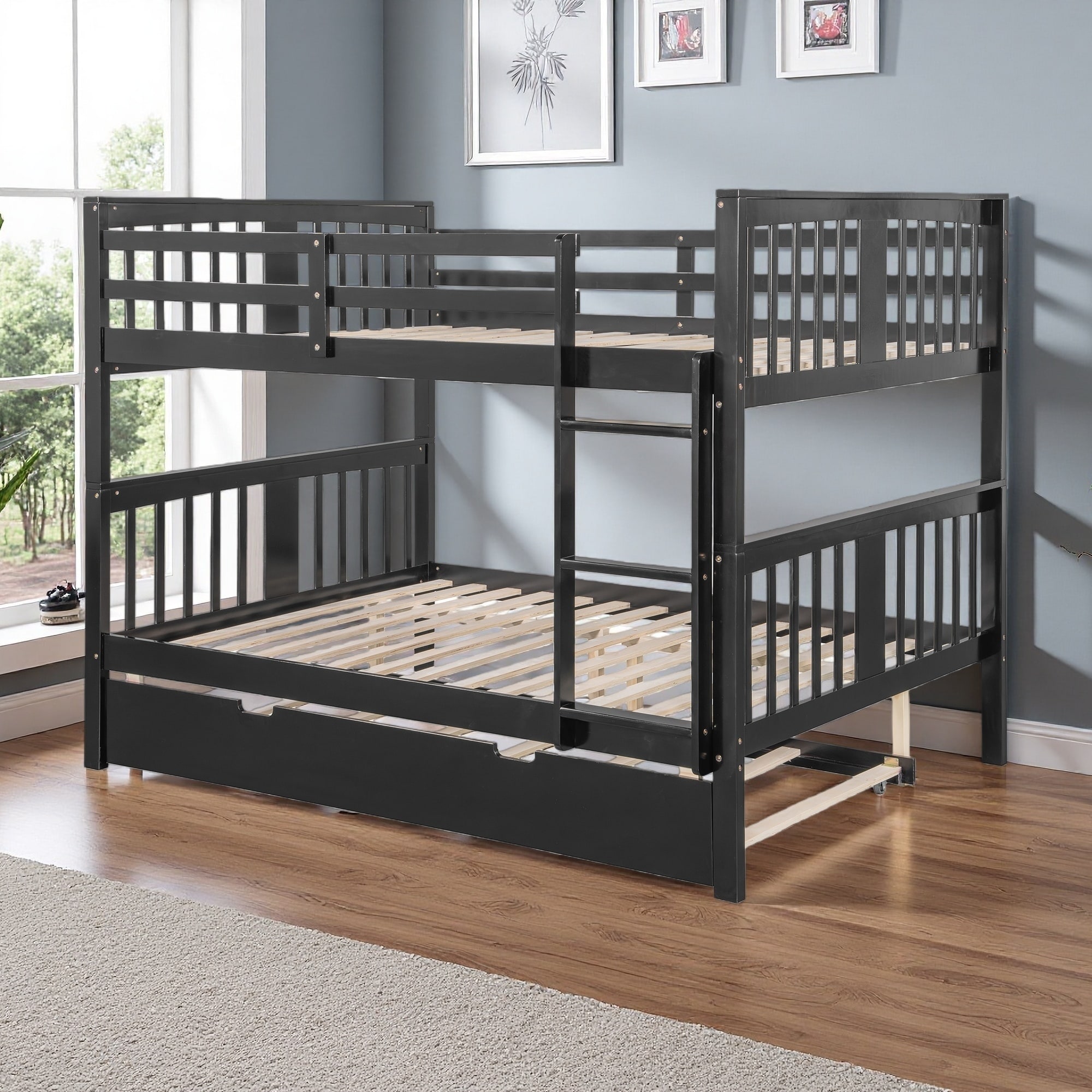 Full Over Full Wood Bunk Bed with Twin Trundle and Ladder