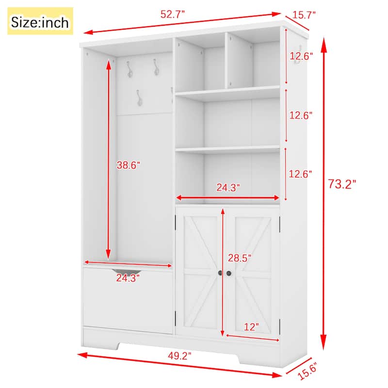 Multi-functional Hall Tree with Storage Shelves Drawers and Cabinet, Elegant Hallway Shoe Cabinet with Bench, Modern Coat Rack