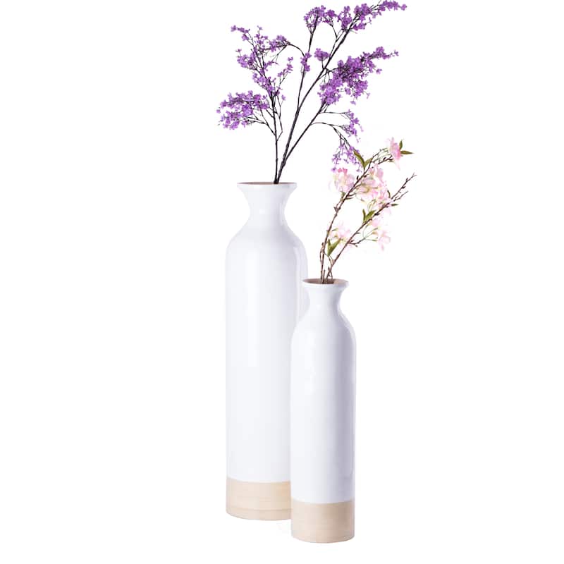 Elegant Black or White Cylinder Shaped Tall Spun Bamboo Floor Vases, Natural Bamboo Finish Heights of 31 and 23.5 Inches