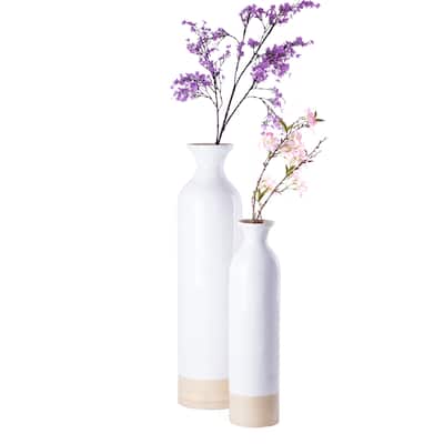 Elegant Black or White Cylinder Shaped Tall Spun Bamboo Floor Vases, Natural Bamboo Finish Heights of 31 and 23.5 Inches