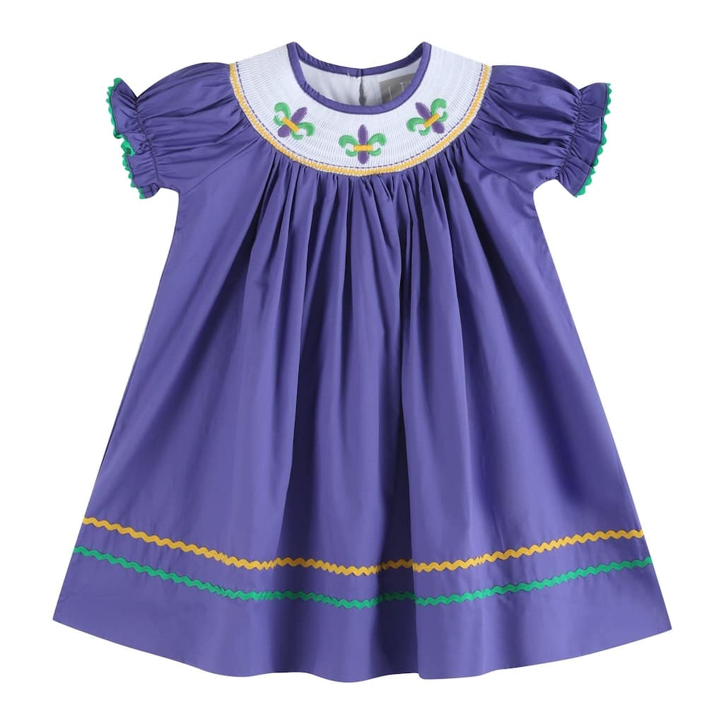 Lil Cactus Purple Mardi Gras Smocked Bishop Dress