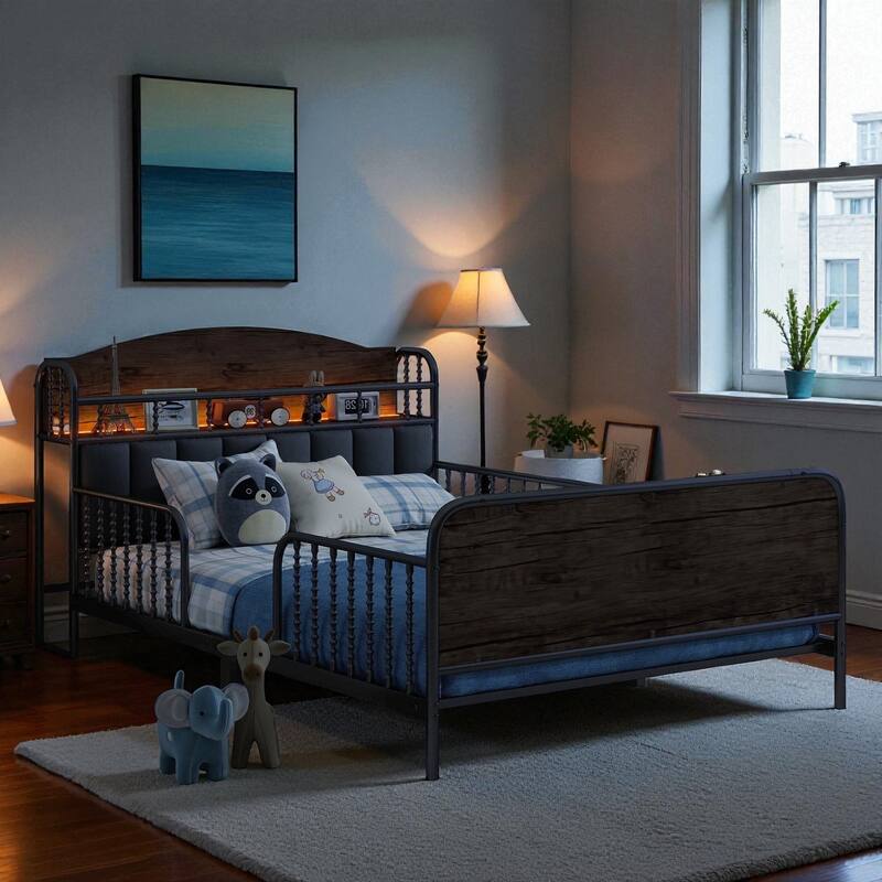 Twin/Full Size Metal Platform Bed with LED Lights and Upholstered Headboard, Kids Bed Frame with Storage Shelf
