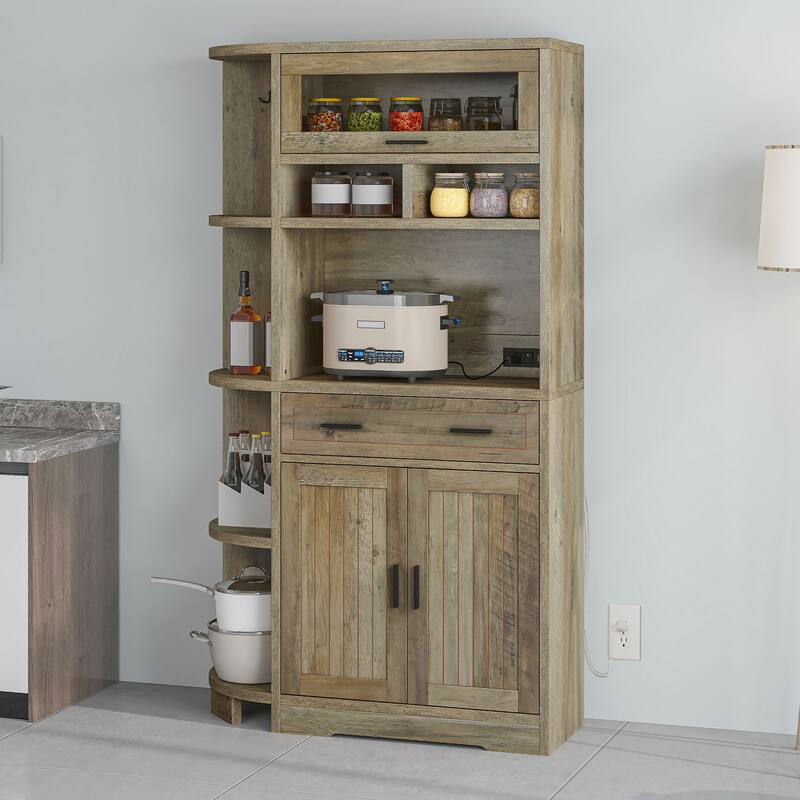 67" Kitchen Pantry Cabinets with Microwave Stand & Charging Station - Gray