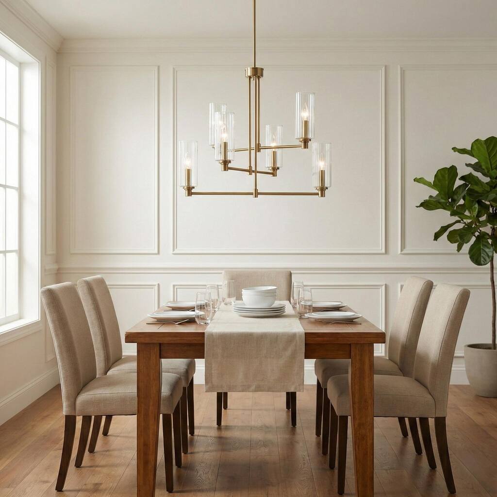 Frag 6-Light Satin Brass Pendant with Ribbed Glass Shades - Clear Ribbed Glass