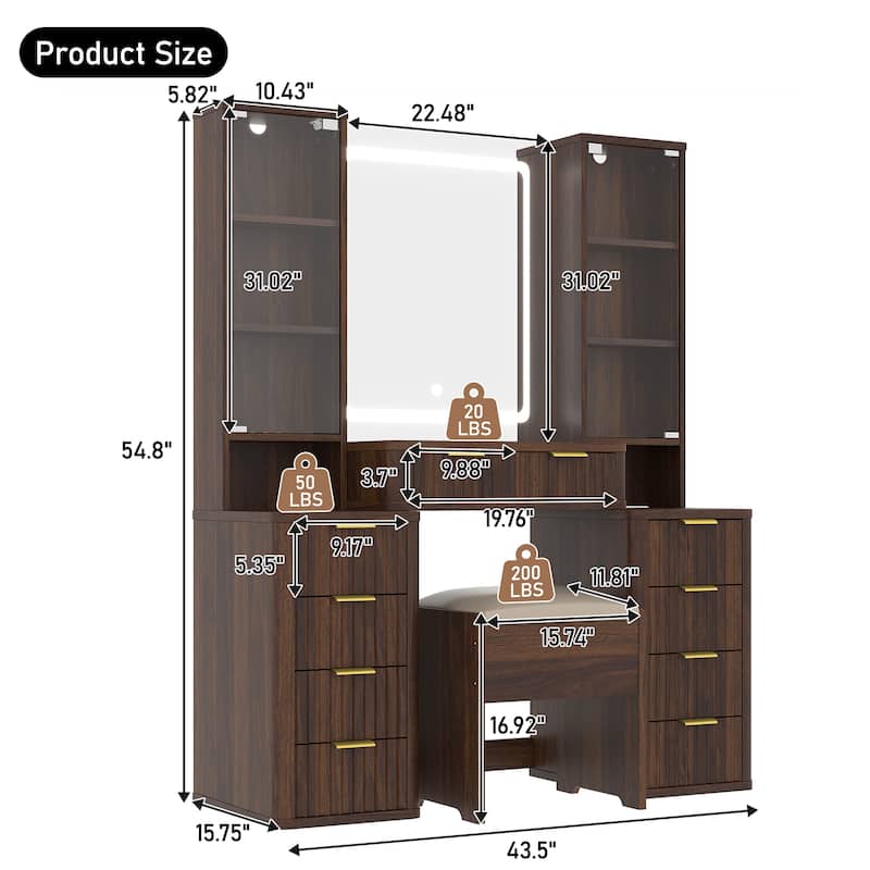 43.5-Inch Fluted Makeup Vanity Desk with Mirror & Lights, Modern Glass Top Table with 10 Drawers & Stool