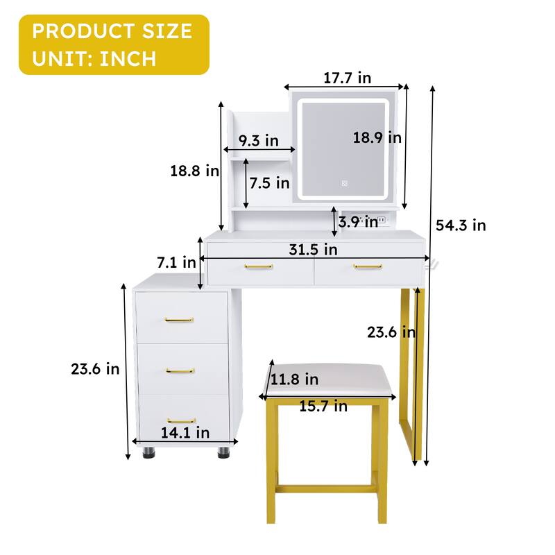 Makeup Vanity Table Set with LED Light Mirror & Metal Chair, Bedroom Dressing Table with Power Outlet & Hair Dryer Rack