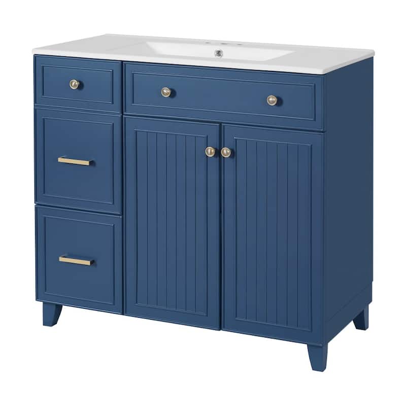 36" Ceramic Sink Bathroom Vanity with Double-Layer Drawer and Storage Cabinet